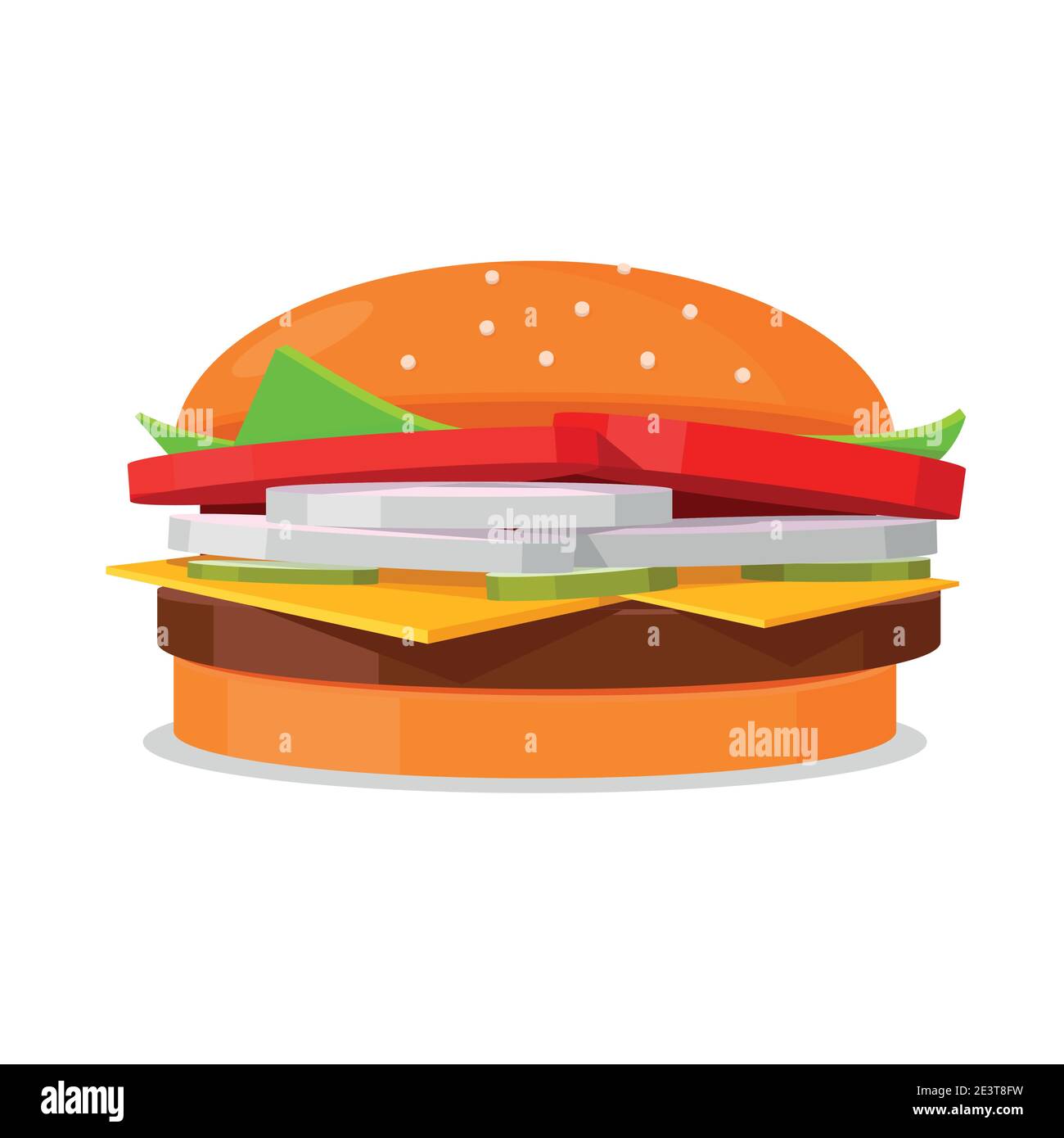 Hamburger vettore delizioso con cipolla, pomodori, cetrioli, formaggio e insalata. Gustose cotoletta di carne e panino appena sfornato coperto di sesamo. Cheeseburger. Illustrazione Vettoriale