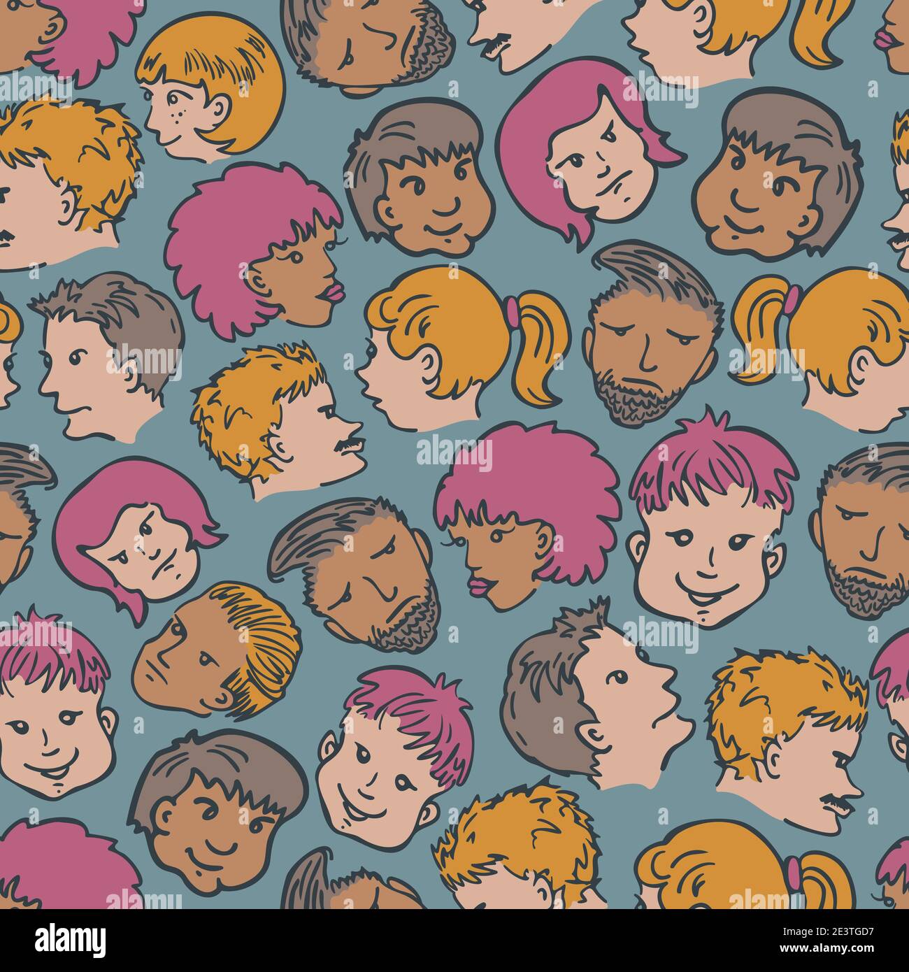 Pattern vettoriale senza giunture con volti di persone diverse con una varietà di emozioni. Diversi personaggi cartoni animati volti. Illustrazione Vettoriale