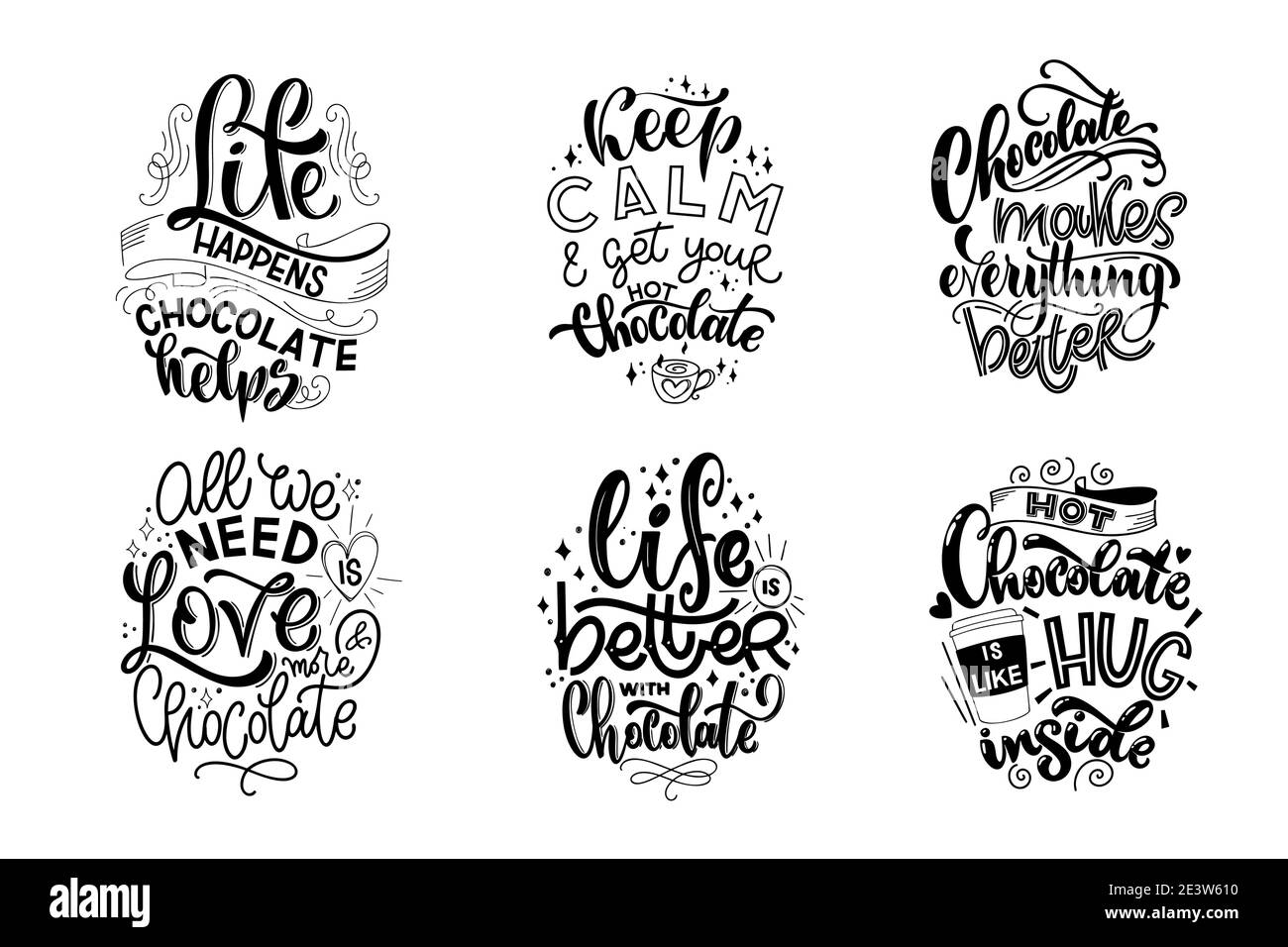 Set di citazioni scritte a mano al cioccolato. Composizione calda della parola invernale. Elementi vettoriali per t-shirt, borse, poster, carte, adesivi e menu Illustrazione Vettoriale