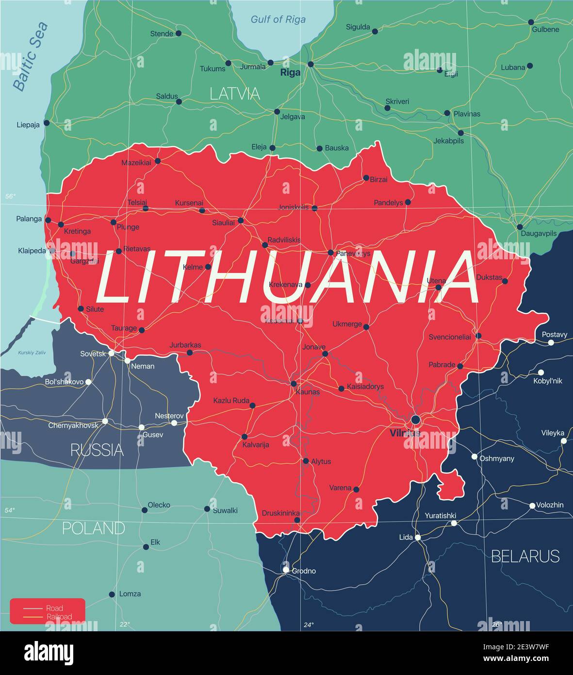 Paese Lituania Mappa dettagliata modificabile con regioni città e città, strade e ferrovie, siti geografici. File vettoriale EPS-10 Illustrazione Vettoriale