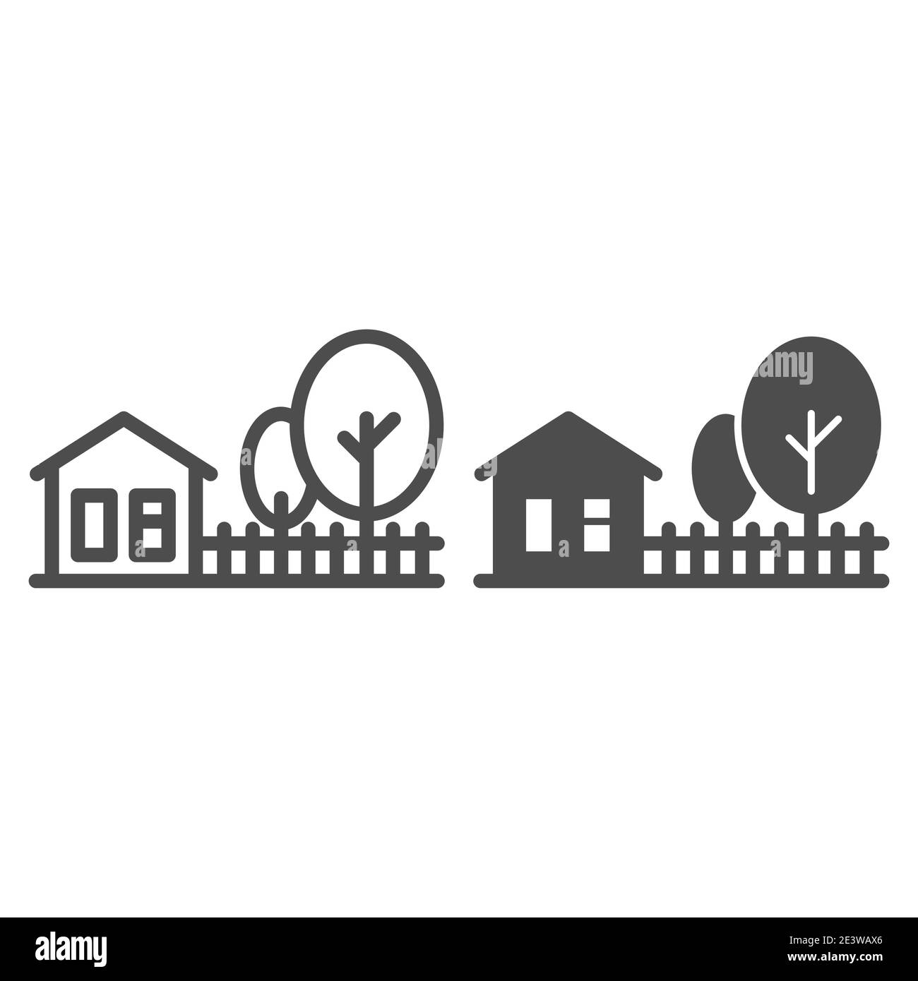 Cottage casa con la linea di alberi e l'icona solida, concetto estivo, segno paesaggio rurale su sfondo bianco, fattoria e gli alberi icona in stile profilo per Illustrazione Vettoriale