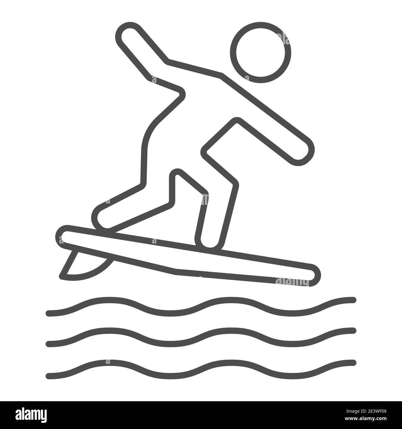 Icona della linea sottile del surf, concetto di sport d'acqua d'estate, segno del surf e delle onde su sfondo bianco, icona del surf dell'uomo in stile di contorno per Illustrazione Vettoriale
