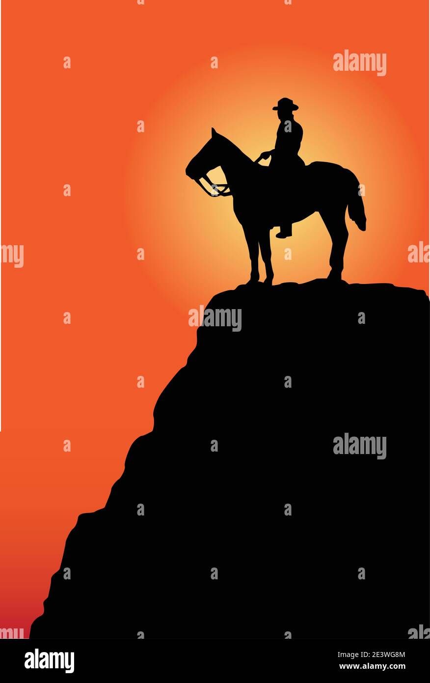 Uomo sul cavallo all'alba o al tramonto — Vector Illustrazione Vettoriale