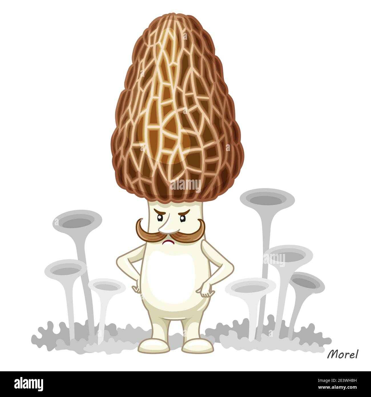 Funghi vettoriali isolati su bianco. Disegno divertente del carattere in uno stile del cartone animato. Morello di funghi commestibile. Stampa per abiti per bambini Illustrazione Vettoriale