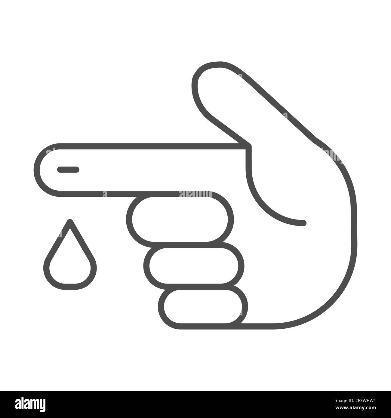 Mano con icona linea sottile goccia di sangue, concetto di medicina, segno del test del sangue su sfondo bianco, dito con icona goccia in stile contorno per dispositivi mobili Illustrazione Vettoriale
