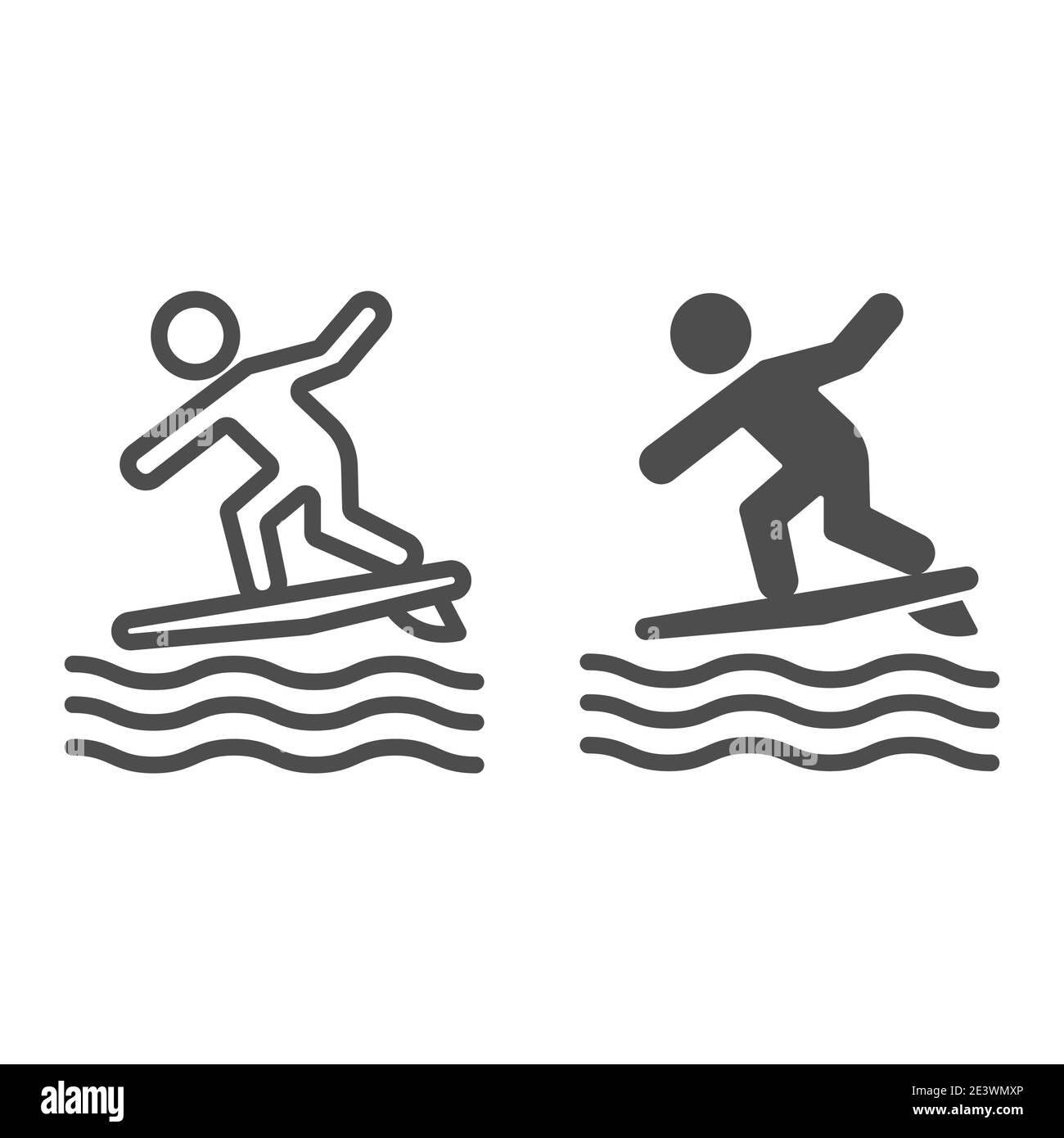 Linea di surf e icona solida, concetto di sport d'acqua estivo, Surfer e le onde segno su sfondo bianco, uomo surf su icona surf in stile profilo per Illustrazione Vettoriale