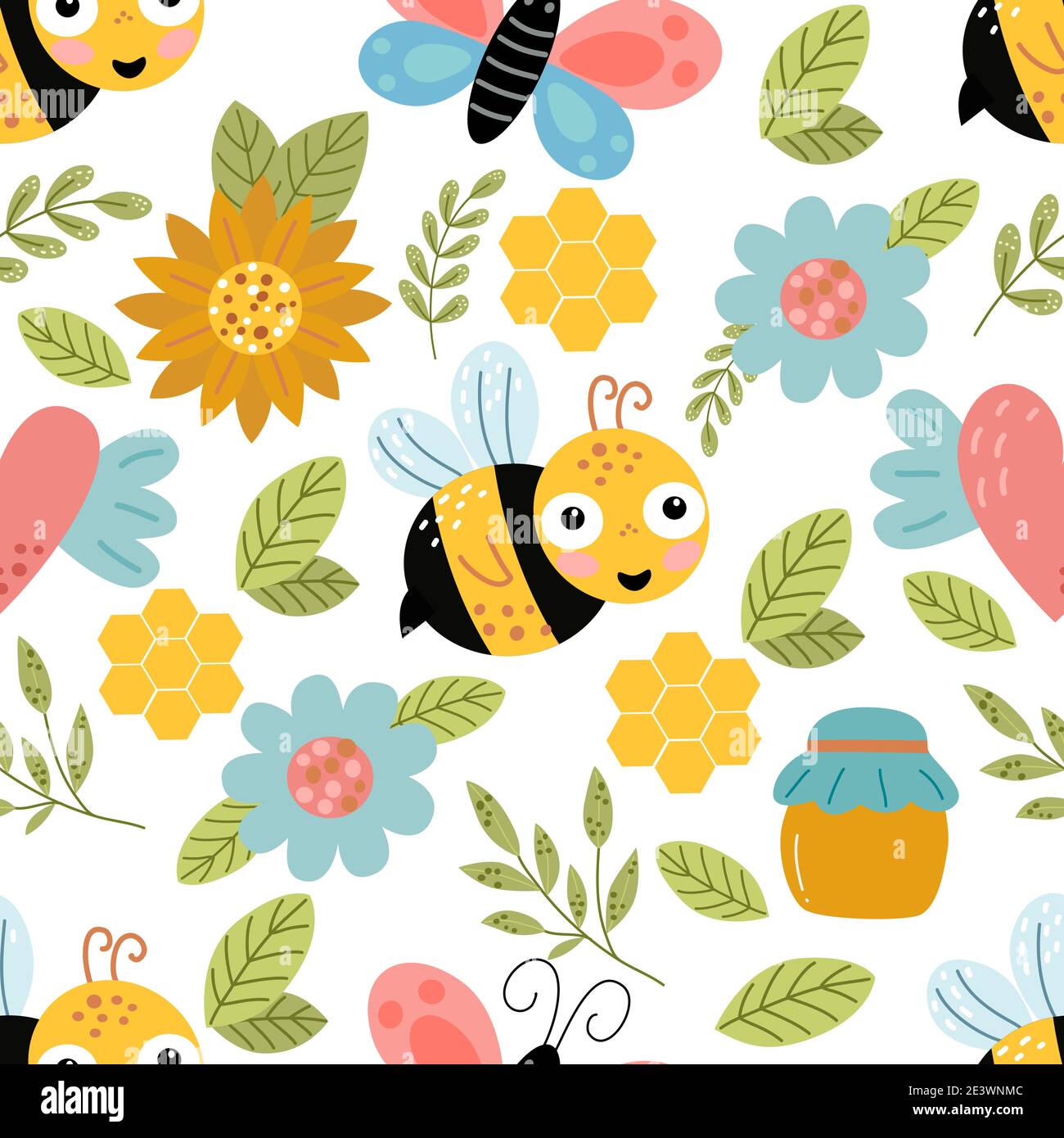 Motivo senza cuciture con ape, fiori, miele Illustrazione Vettoriale