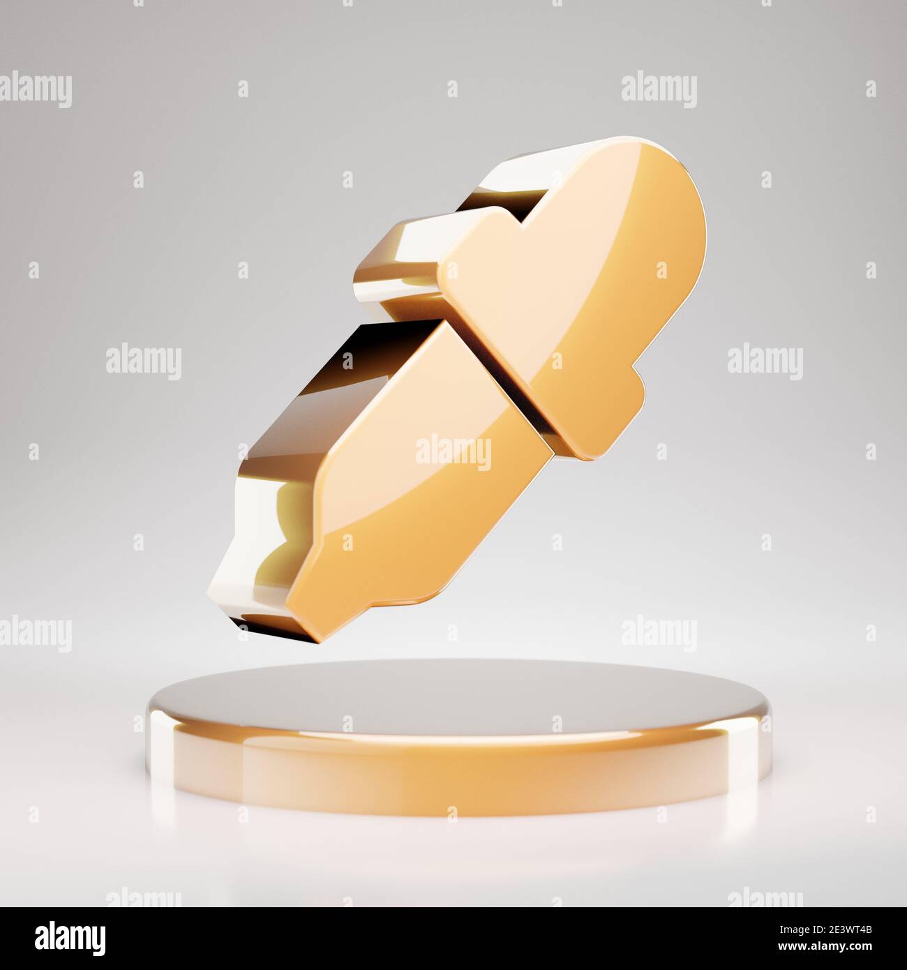 Icona contagocce. Simbolo del contagocce giallo Gold Eye sul podio dorato. Icona dei social media 3D renderizzati. Foto Stock