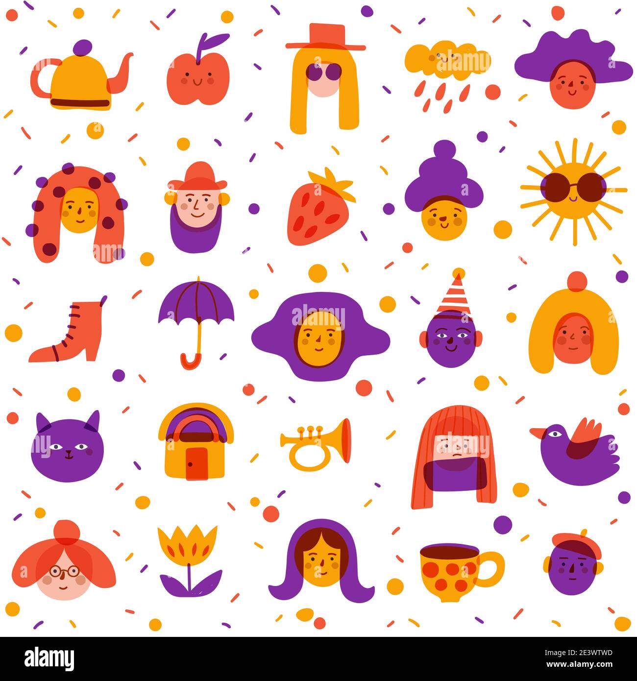 Sfondo senza cuciture con graziosi ritratti, avatar e simboli per il tessuto in un simpatico stile doodle art Illustrazione Vettoriale