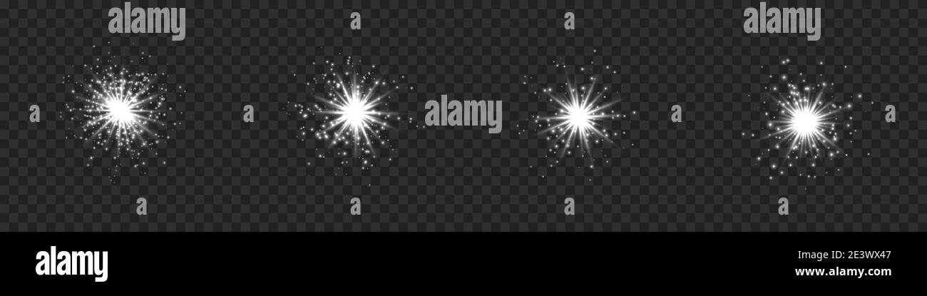 Collezione di stelle scoppiate con scintille. Effetto luce-luce argento effetto flare con scintille e glitter isolati su sfondo trasparente. Illustrazione vettoriale Illustrazione Vettoriale