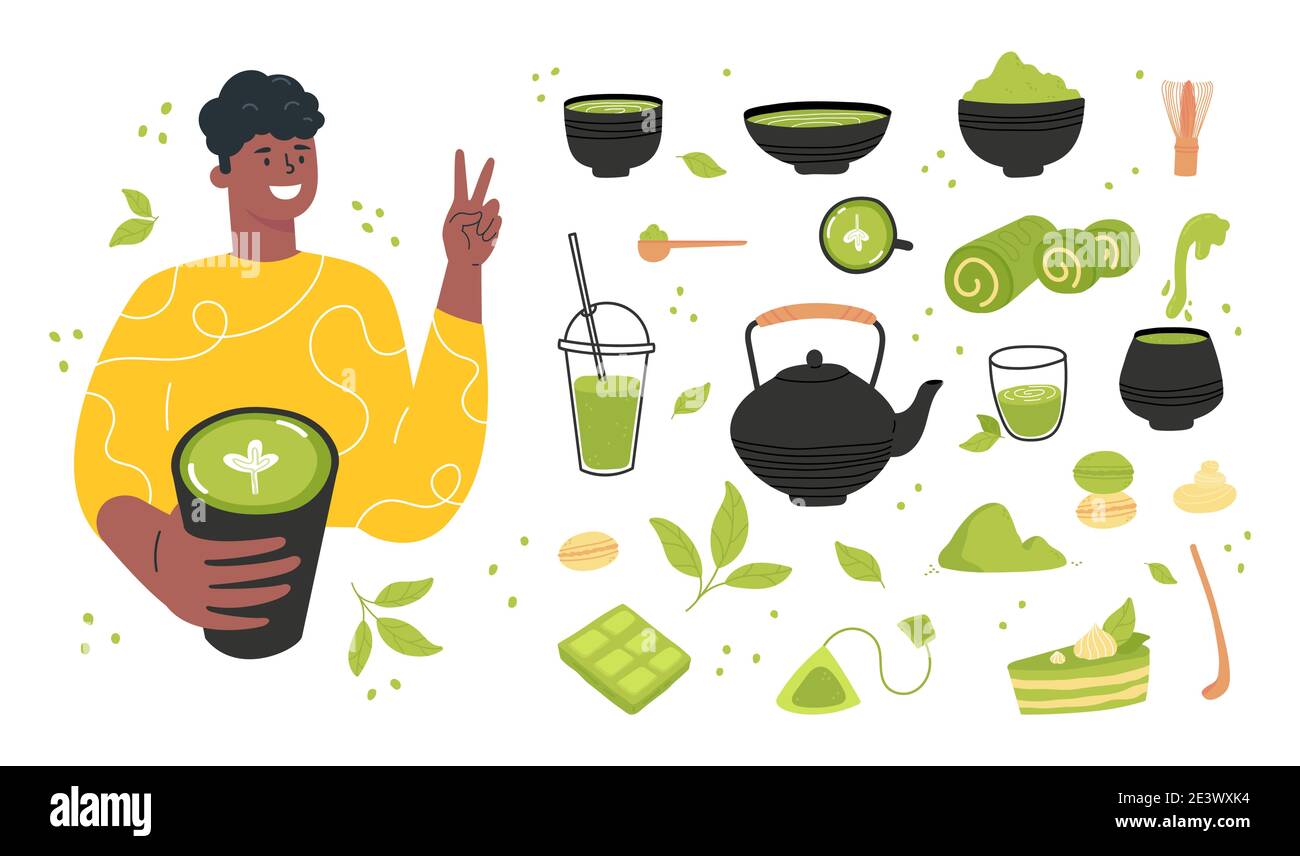Uomo con una tazza di tè matcha Illustrazione Vettoriale