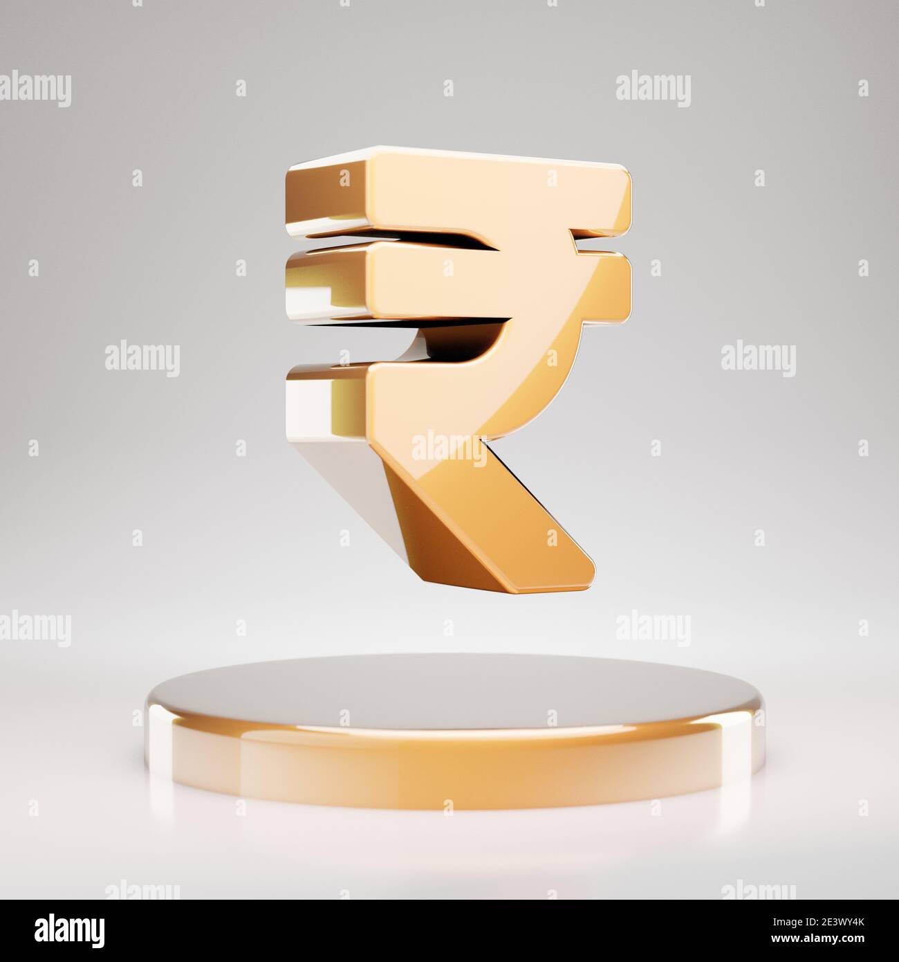 Icona Rupee. Giallo oro Rupee simbolo sul podio dorato. Icona dei social media 3D renderizzati. Foto Stock