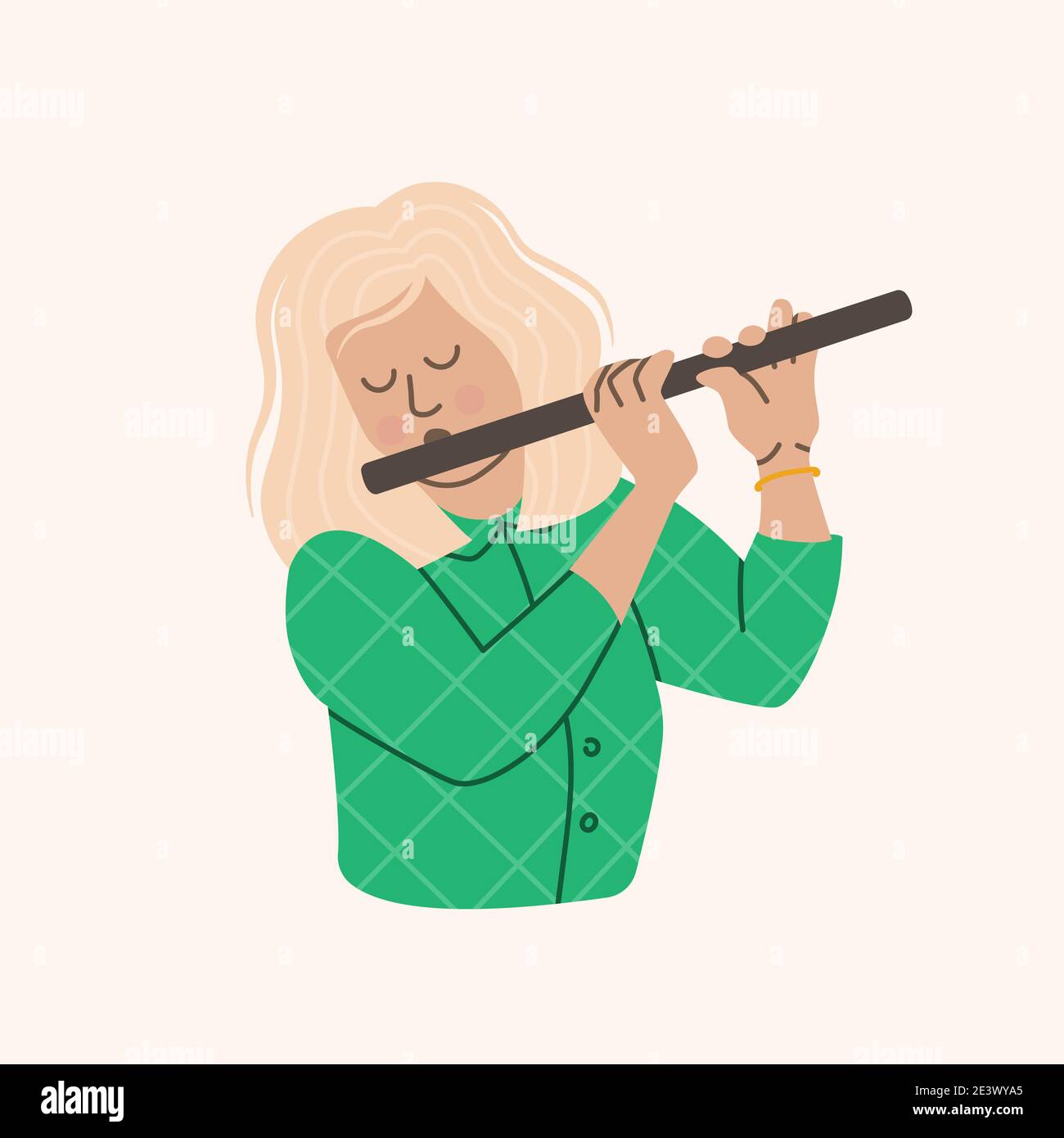Donna musicista. Ragazza flutista. La bionda gioca il flauto. Illustrazione vettoriale isolata su sfondo bianco. Illustrazione Vettoriale