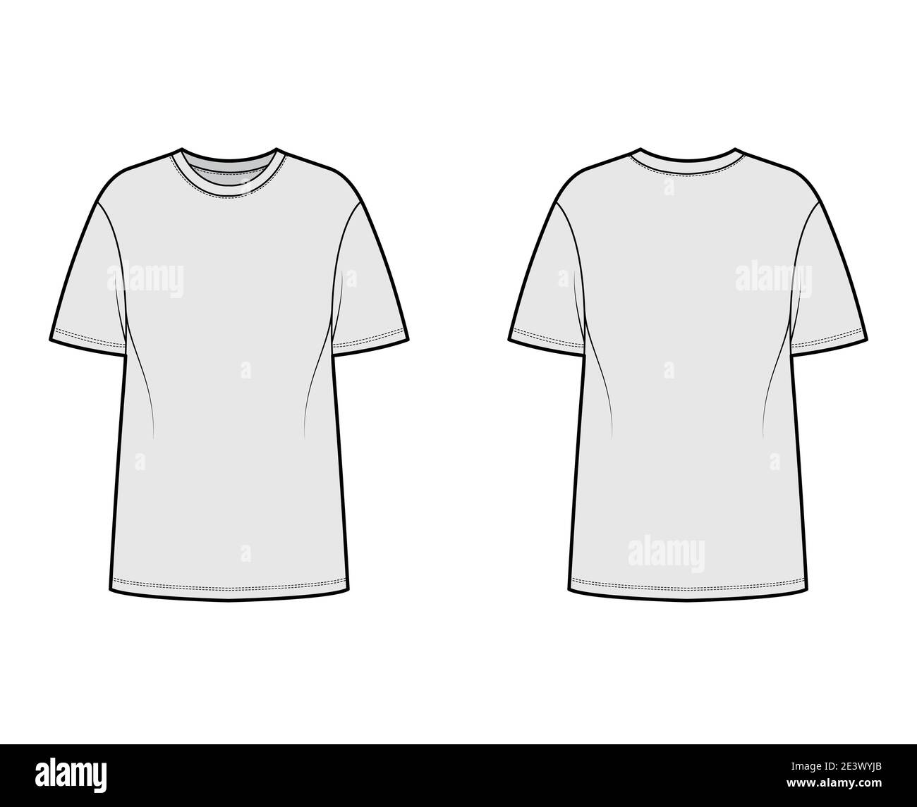 T-shirt oversize illustrazione tecnica di moda con maniche corte, collo a  maglia, spalla a caduta, orlo allungato. Outwear top di abbigliamento  piatto, fronte, retro, colore grigio. Donne uomini Unisex CAD mockup  Immagine