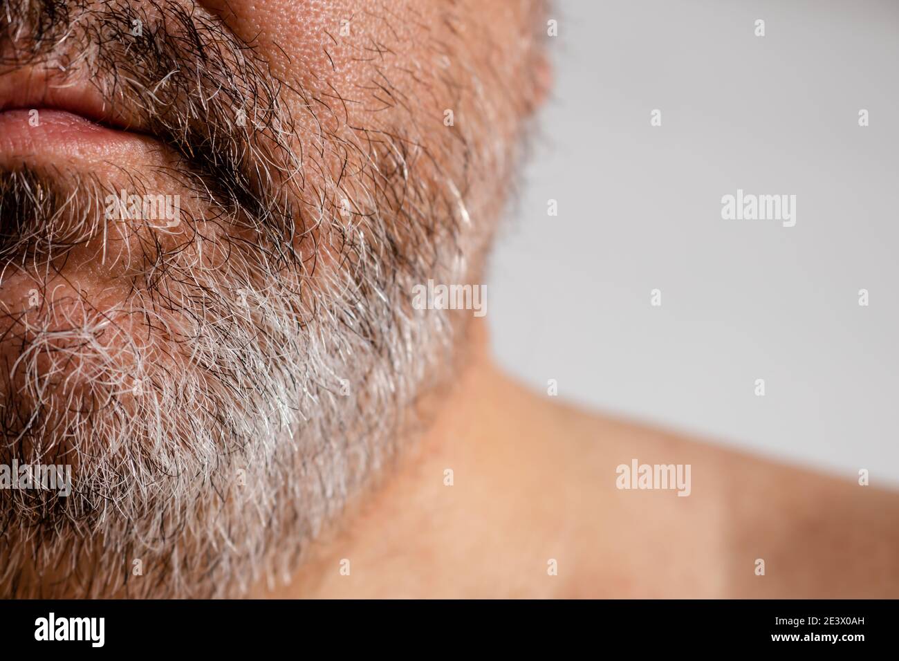 Barba bianca, grigia e nera con acrobazie e baffi di un uomo di mezza età. Foto Stock