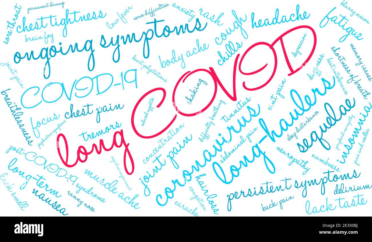 Nuvola di parole COVID lunga su sfondo bianco. Illustrazione Vettoriale