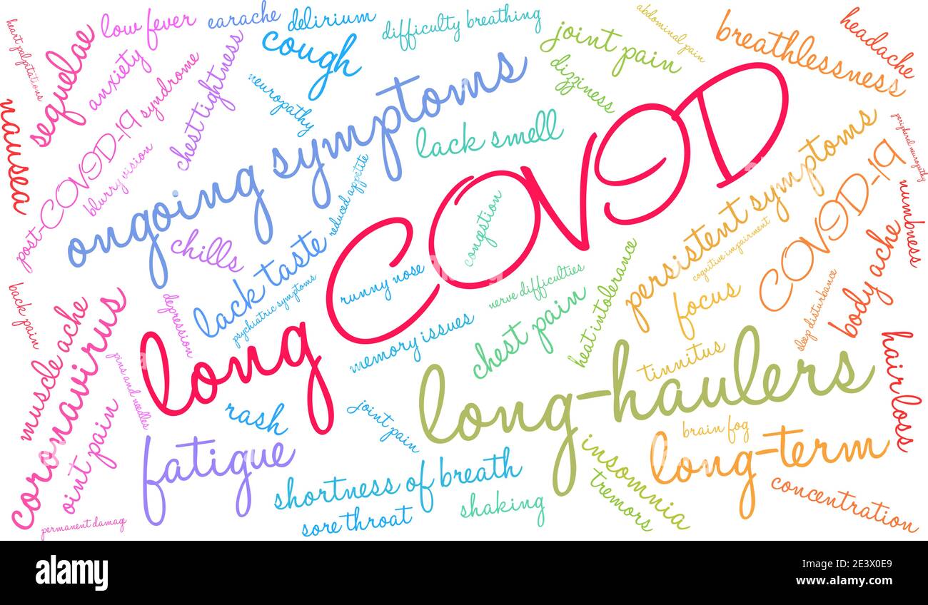 Nuvola di parole COVID lunga su sfondo bianco. Illustrazione Vettoriale