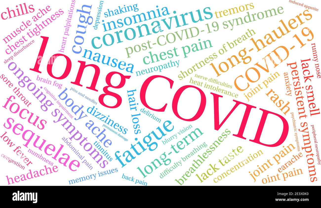 Nuvola di parole COVID lunga su sfondo bianco. Illustrazione Vettoriale
