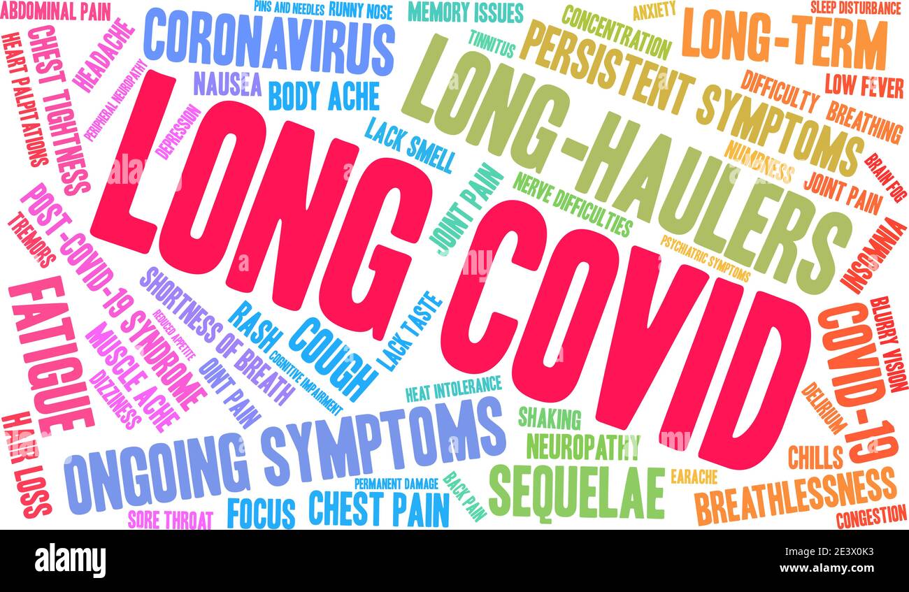 Nuvola di parole COVID lunga su sfondo bianco. Illustrazione Vettoriale