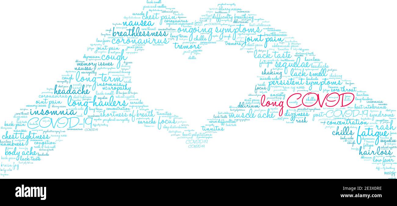 Nuvola di parole COVID lunga su sfondo bianco. Illustrazione Vettoriale