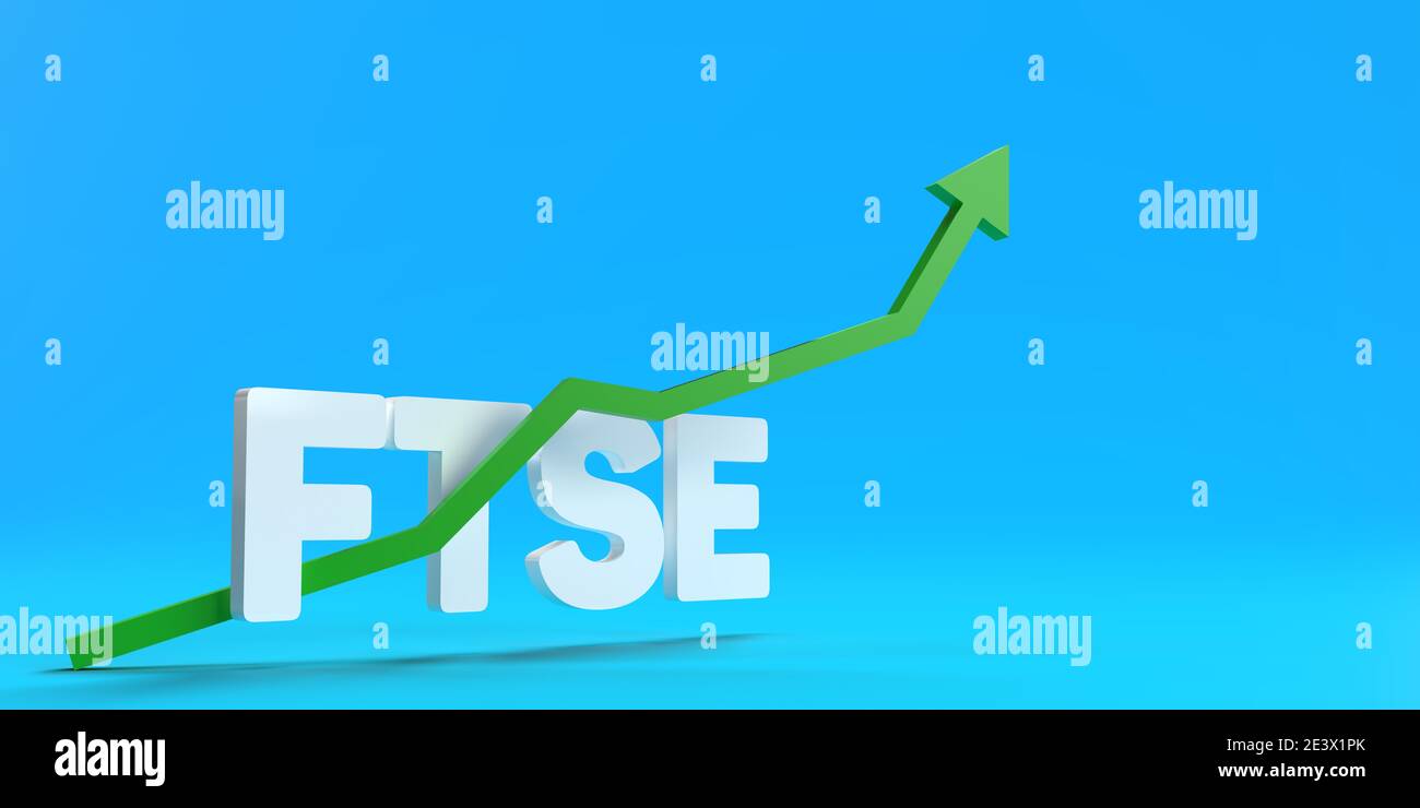 Su sfondo blu di degradazione con rendering 3D, la parola FTSE è scritta in caratteri bianchi in grassetto. Una freccia verde che sale sta falciando verso l'alto come segno di successo Foto Stock