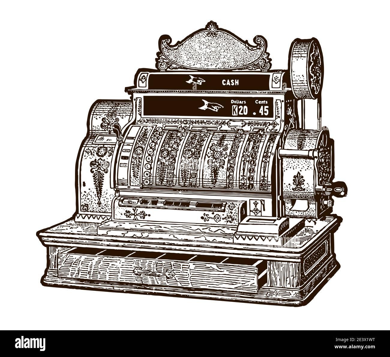 Cash register in legno antico con cassetto aperto, vista su tre quarti. Illustrazione dopo un'incisione degli inizi del XX secolo Illustrazione Vettoriale