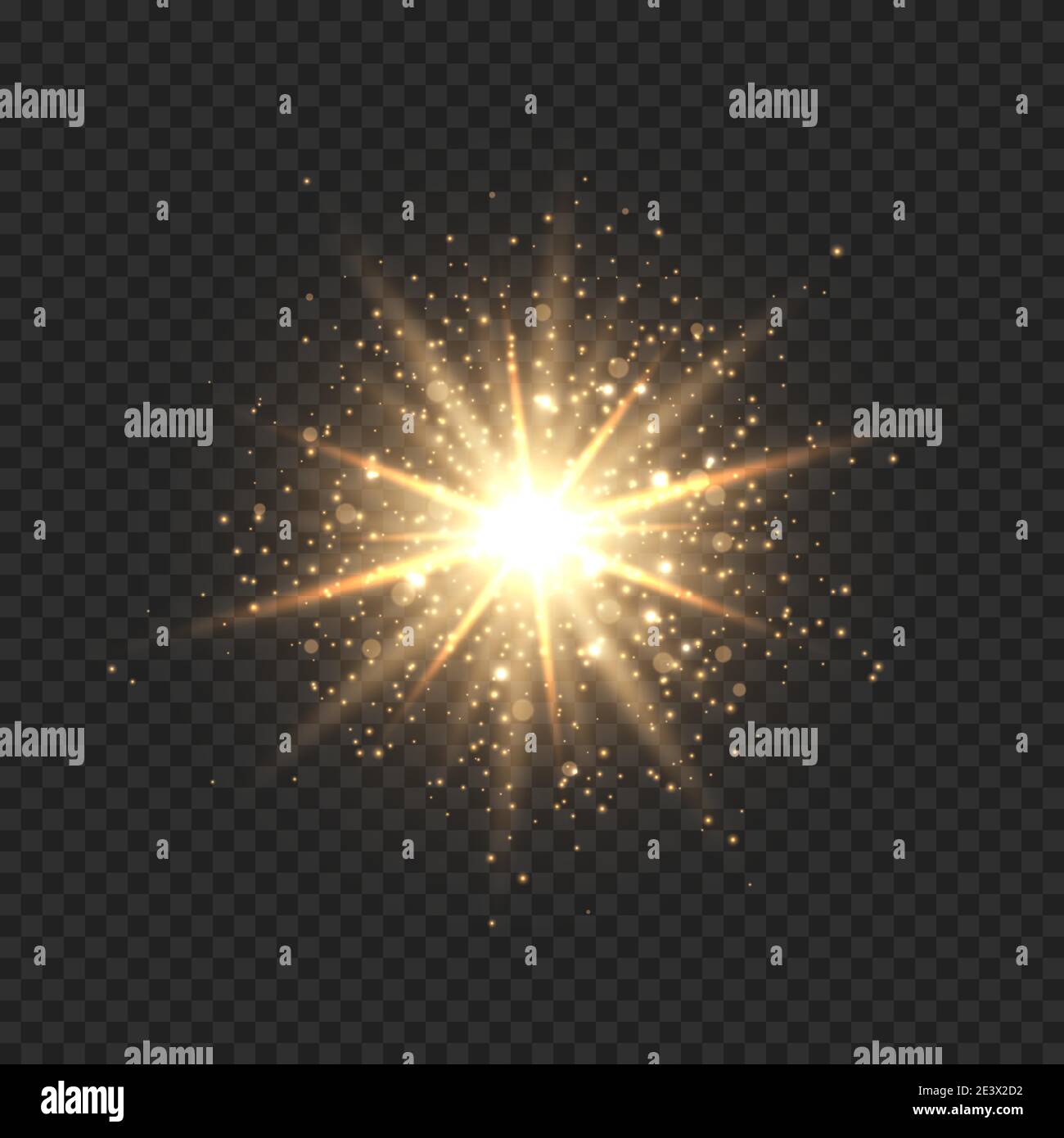 Stella scoppiata con scintille. Effetto luce dorata effetto flare con stelle, scintille e glitter isolati su sfondo trasparente. Illustrazione vettoriale di lucido Illustrazione Vettoriale