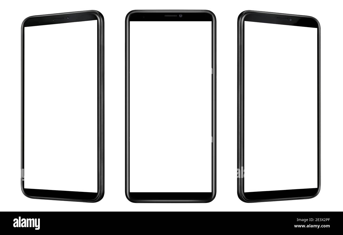 Tre modelli di smartphone neri con schermi bianchi vuoti da diverse angolazioni isolati su sfondo bianco Foto Stock