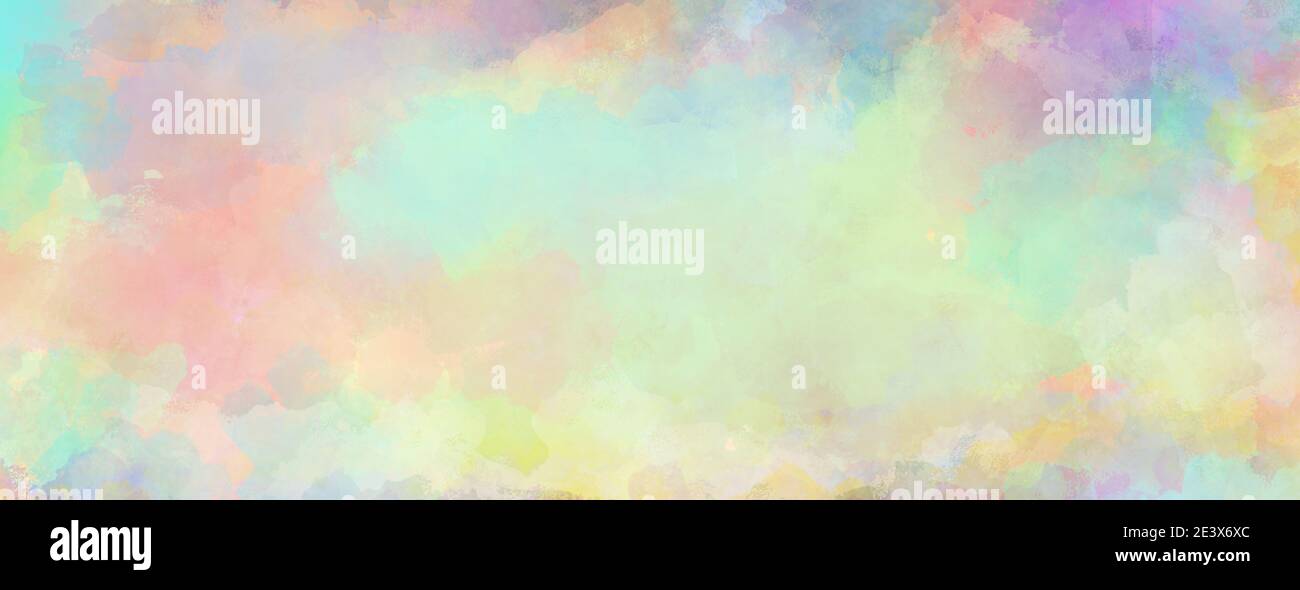 Colorato sfondo acquerello di astratto cielo tramonto con nuvole soffici in colori arcobaleno brillante di rosa verde blu giallo e viola Foto Stock