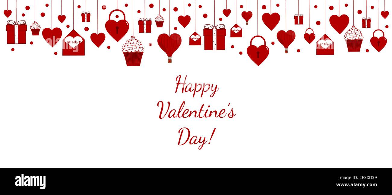 Buon giorno di San Valentino amore elementi rossi set con testo su sfondo bianco. Cuori, regali, cupcakes, serrature, palloncini, per matrimonio, fidanzamento, compleanno Illustrazione Vettoriale