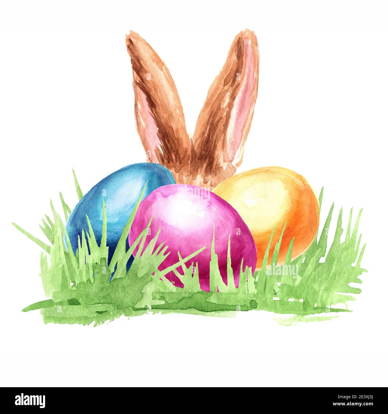 Uova di Pasqua colorate nell'erba verde e nelle orecchie di coniglio. Illustrazione di acquerello disegnata a mano, isolata su sfondo bianco Foto Stock