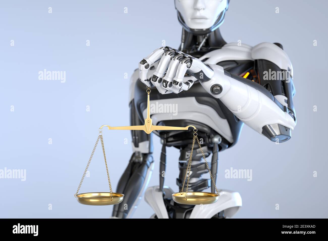 robot android con una scala di giustizia. Illustrazione 3D Foto Stock