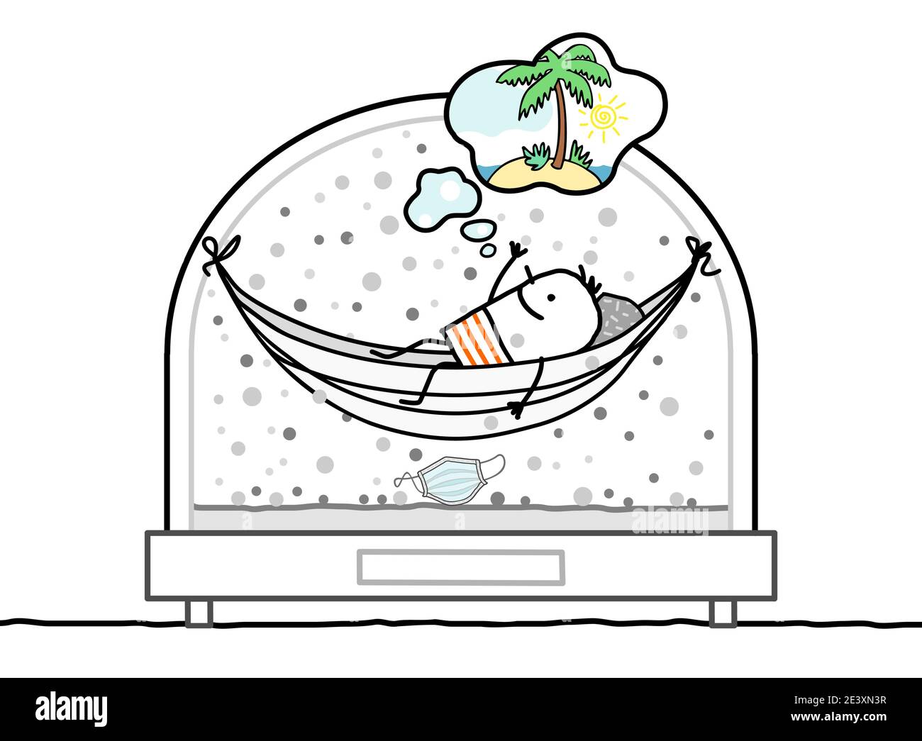 Uomo di cartoni disegnati a mano in un amaca, contenuto in una Snow-Dome, sognando un'isola esotica Illustrazione Vettoriale