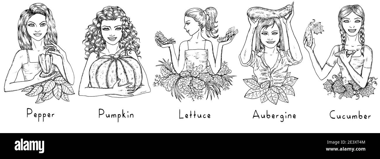 Set di design con giovani belle donne che tengono frutti isolati su sfondo bianco. Illustrazione vettoriale disegnata a mano, grafica in bianco e nero, Illustrazione Vettoriale