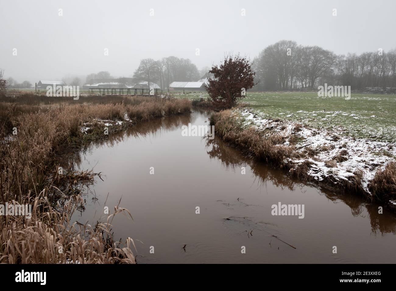Il fiume meandering in inverno chiamato 'de Reest' attraverso Paesaggio olandese delle province di Drenthe e Overijssel Foto Stock
