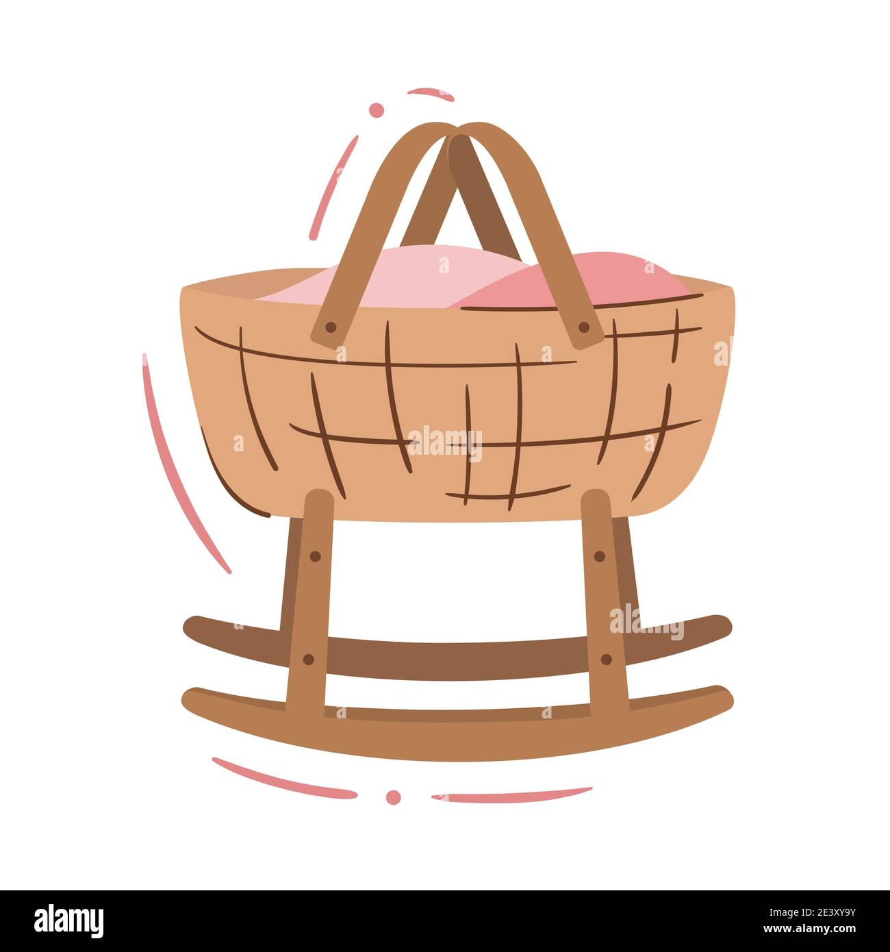 Culla per bambini, fagotto basculante sui corridori - illustrazione vettoriale isolata. Carino doodle per la stanza del bambino e il disegno della stanza dei bambini, invito dell'acquazzone del bambino Illustrazione Vettoriale