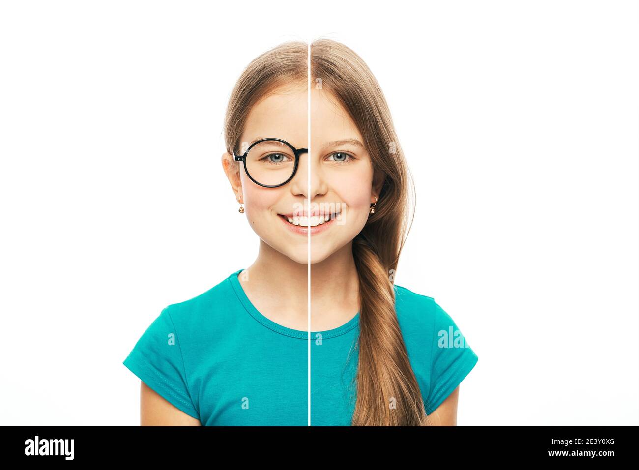 Ragazza caucasica con occhiali e senza occhiali. Scegli le lenti a contatto per la correzione della visione. Collage di foto tagliato a metà per selezionare le lenti a contatto o. Foto Stock