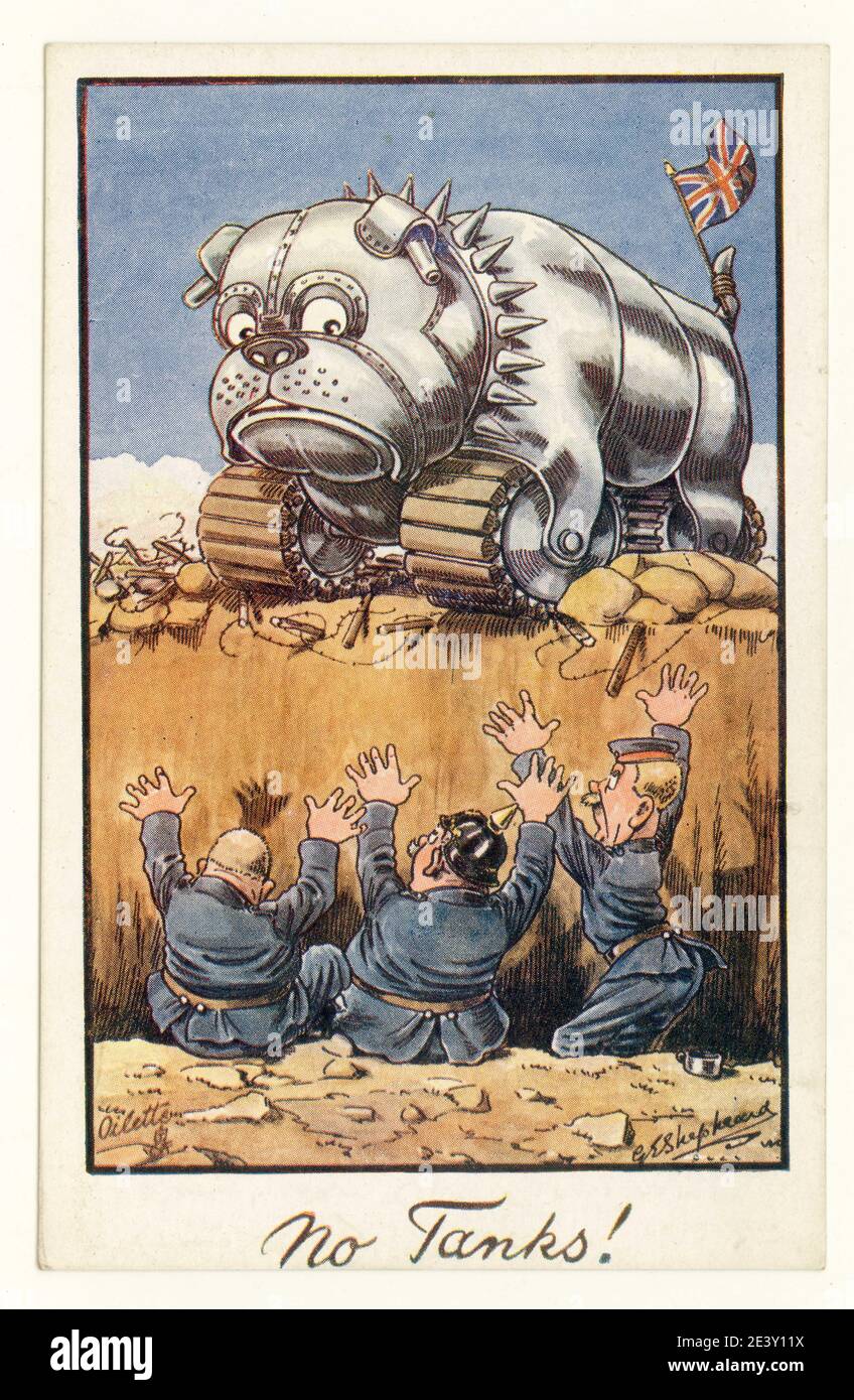 Originale cartolina patriottica dell'era WW1 del carro armato a forma di bulldog sopra i tedeschi di arrendersi in trincea, 'No Tanks', da G.E. Shepheard, circa 1917 Foto Stock