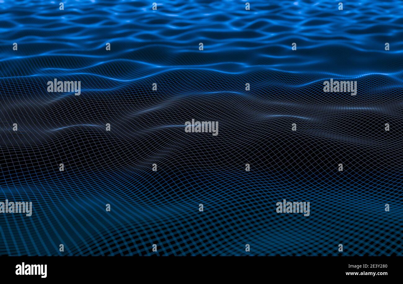 Rappresentazione della linea di illustrazione 3D delle onde che spruzzano sullo sfondo del mare. Rendering wireframe Foto Stock