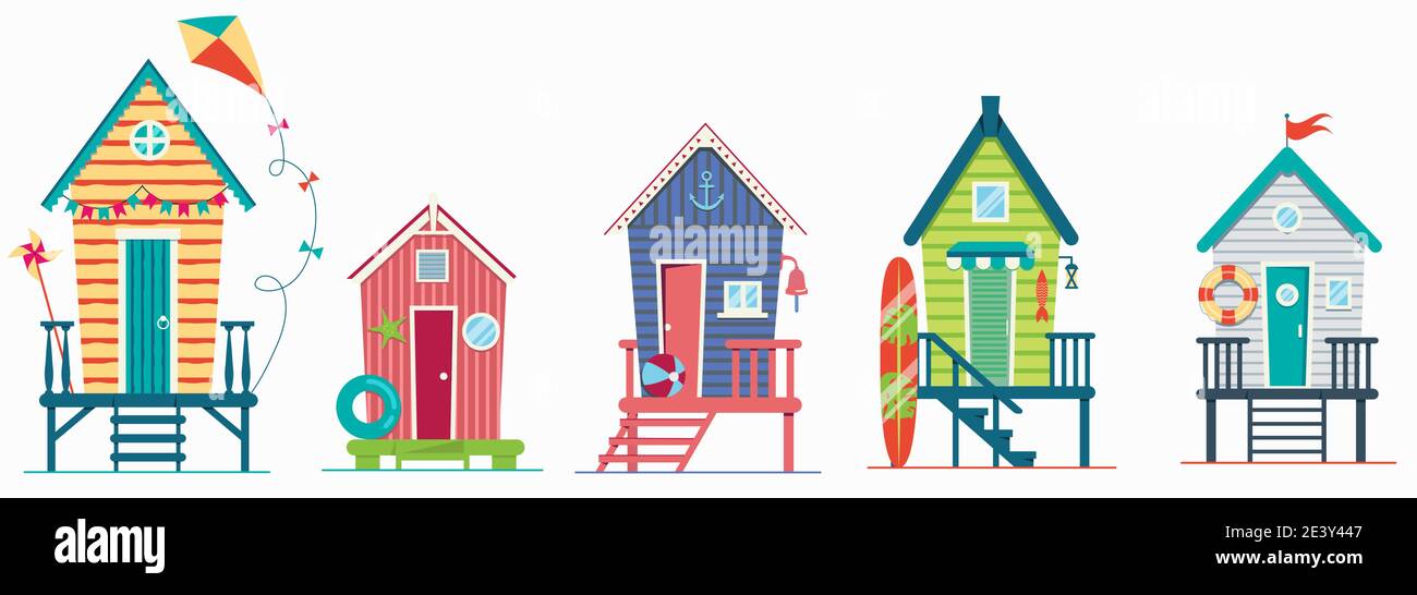 Set di case sulla spiaggia. Capanne e bungalow collezione. Edifici marini sulla spiaggia di mare. Illustrazione piatta isolata su sfondo bianco. Illustrazione Vettoriale
