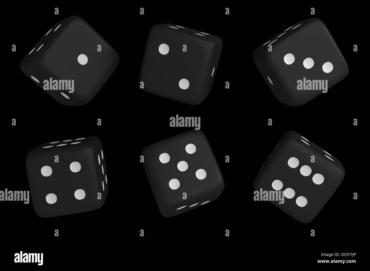 Set di dadi neri con punti bianchi isolati su sfondo nero. Illustrazione con rendering 3D. Foto Stock