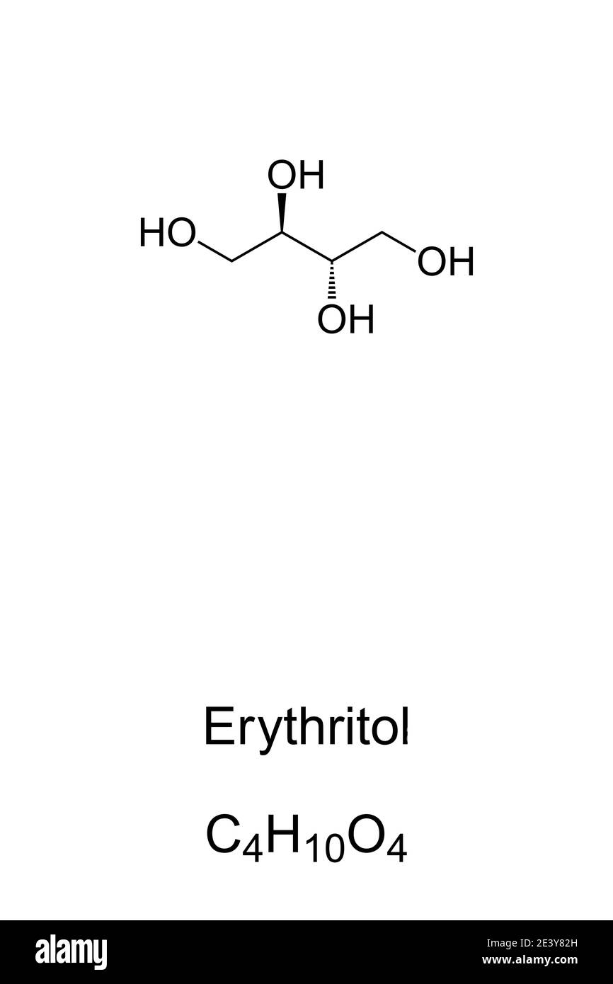 Eritritolo, formula chimica e struttura scheletrica. Alcool di zucchero, sostituto di zucchero e additivo alimentare. Quasi non calorico, non influenza lo zucchero nel sangue Foto Stock