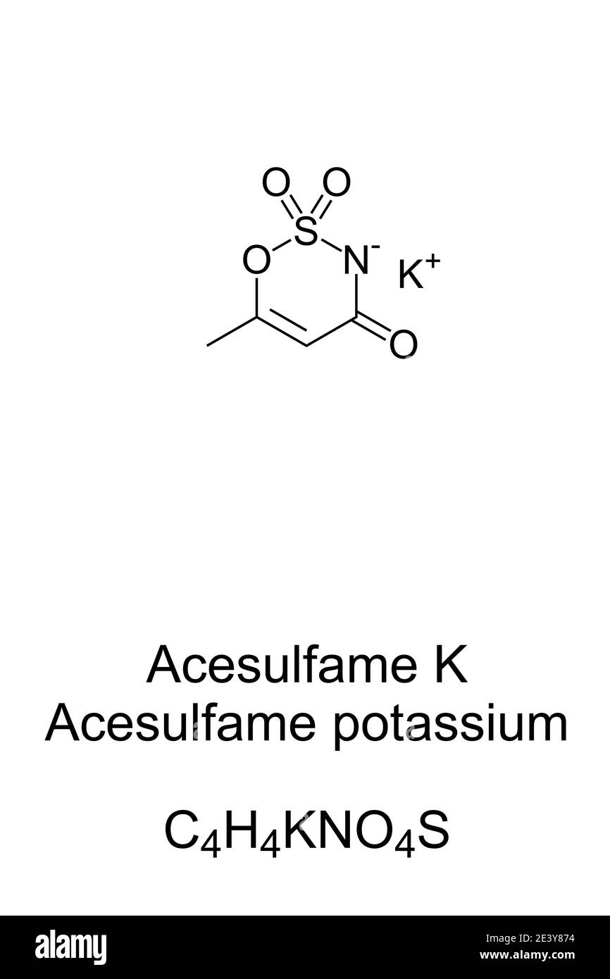 Acesulfame formula chimica del potassio e struttura scheletrica. Anche l'acesulfame K o l'asso K. dolcificante non calorico e sostituto artificiale dello zucchero. Foto Stock