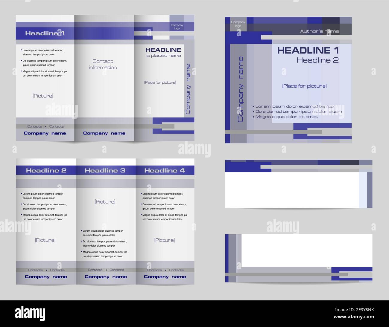 Set di template per brochure ripiegabili in tre parti, copertina quadrata e due striscioni. Sfondo geometrico in blu e grigio. Design piatto astratto. EPS vettoriale 10 Illustrazione Vettoriale