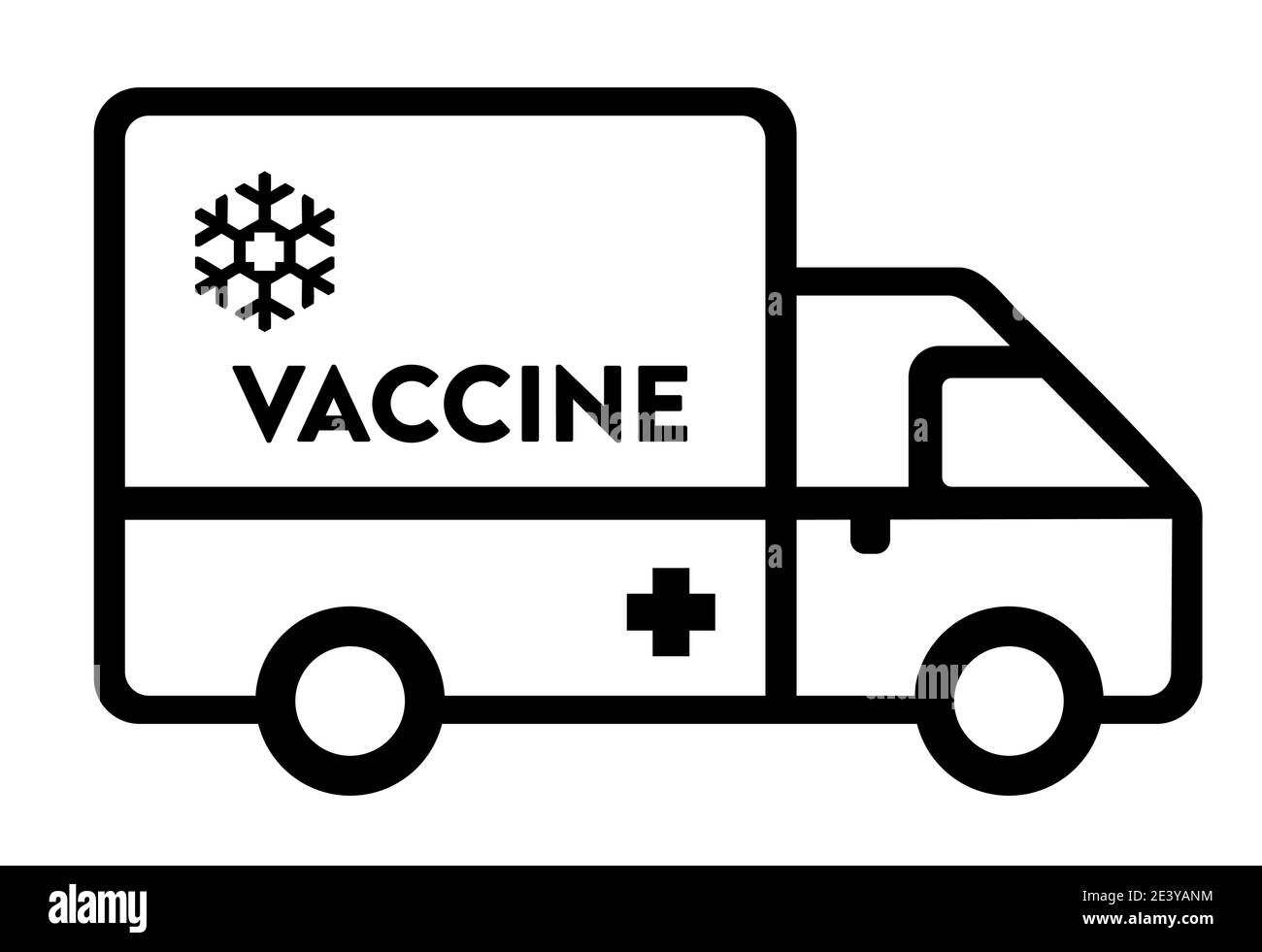 Icona del furgone per il trasporto e la distribuzione di vaccini. Icona del carrello frigorifero per uso medico. Icona della clinica mobile e della risposta di emergenza. Illustrazione Vettoriale