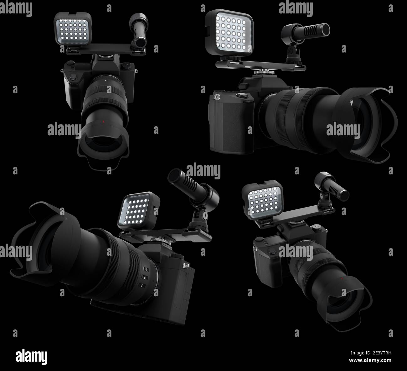 Fotocamera DSLR inesistente con obiettivo, speedlight esterna e microfono nero. Foto Stock
