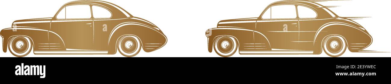 Silhouette classica d'oro su sfondo bianco. Icona di auto d'epoca per logo, badge o design da latta. Illustrazione Vettoriale