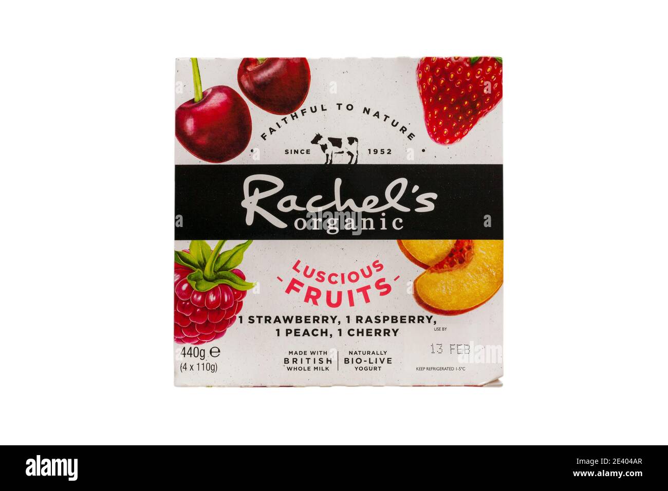 Confezione di frutti biologici e lussi di Rachel naturali bio-vivere yogurt fatto Con latte intero britannico isolato su sfondo bianco Foto Stock