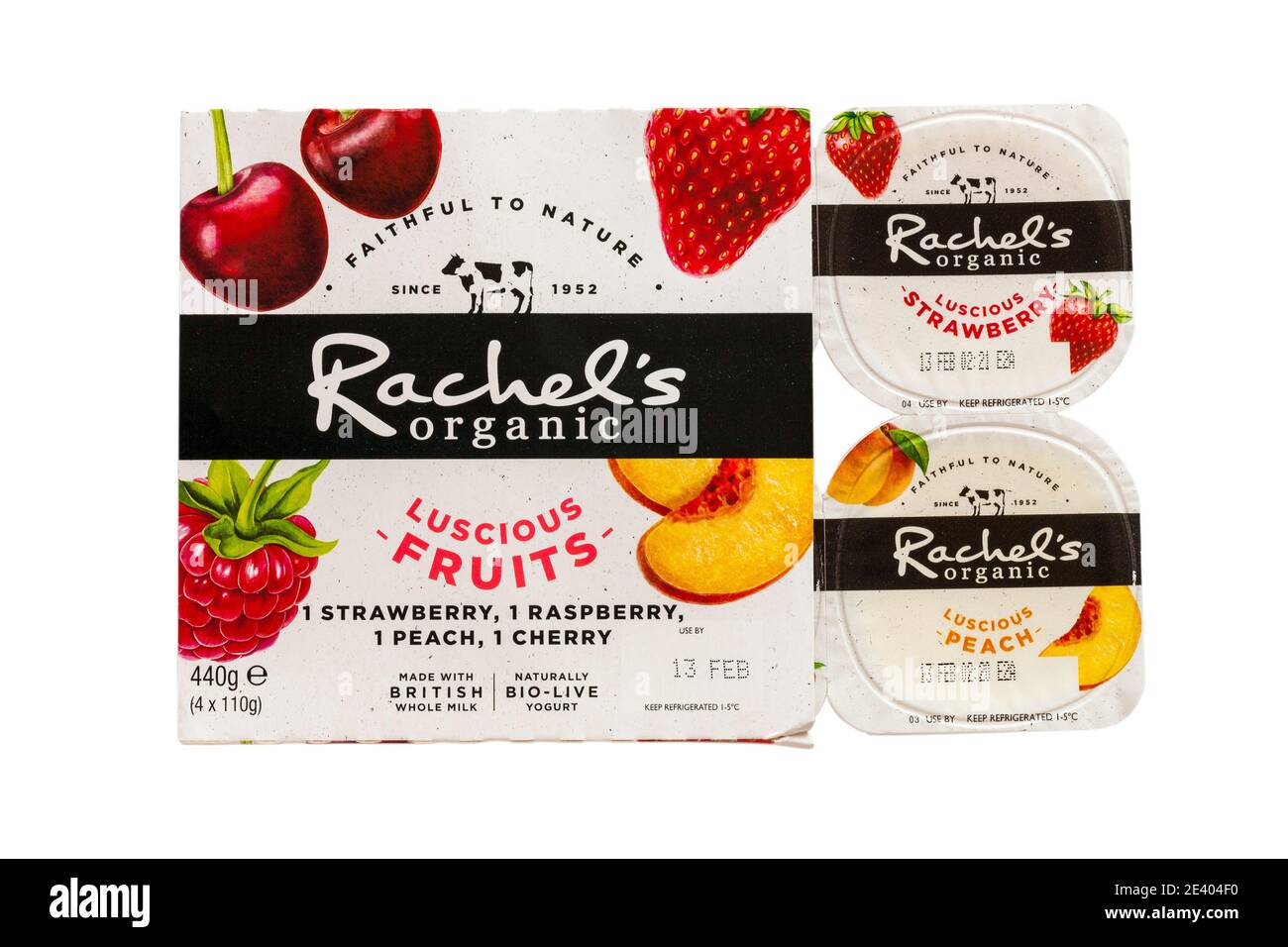 Confezione di frutti biologici e lussi di Rachel naturali bio-vivere yogurt fatto Con latte intero britannico isolato su sfondo bianco Foto Stock