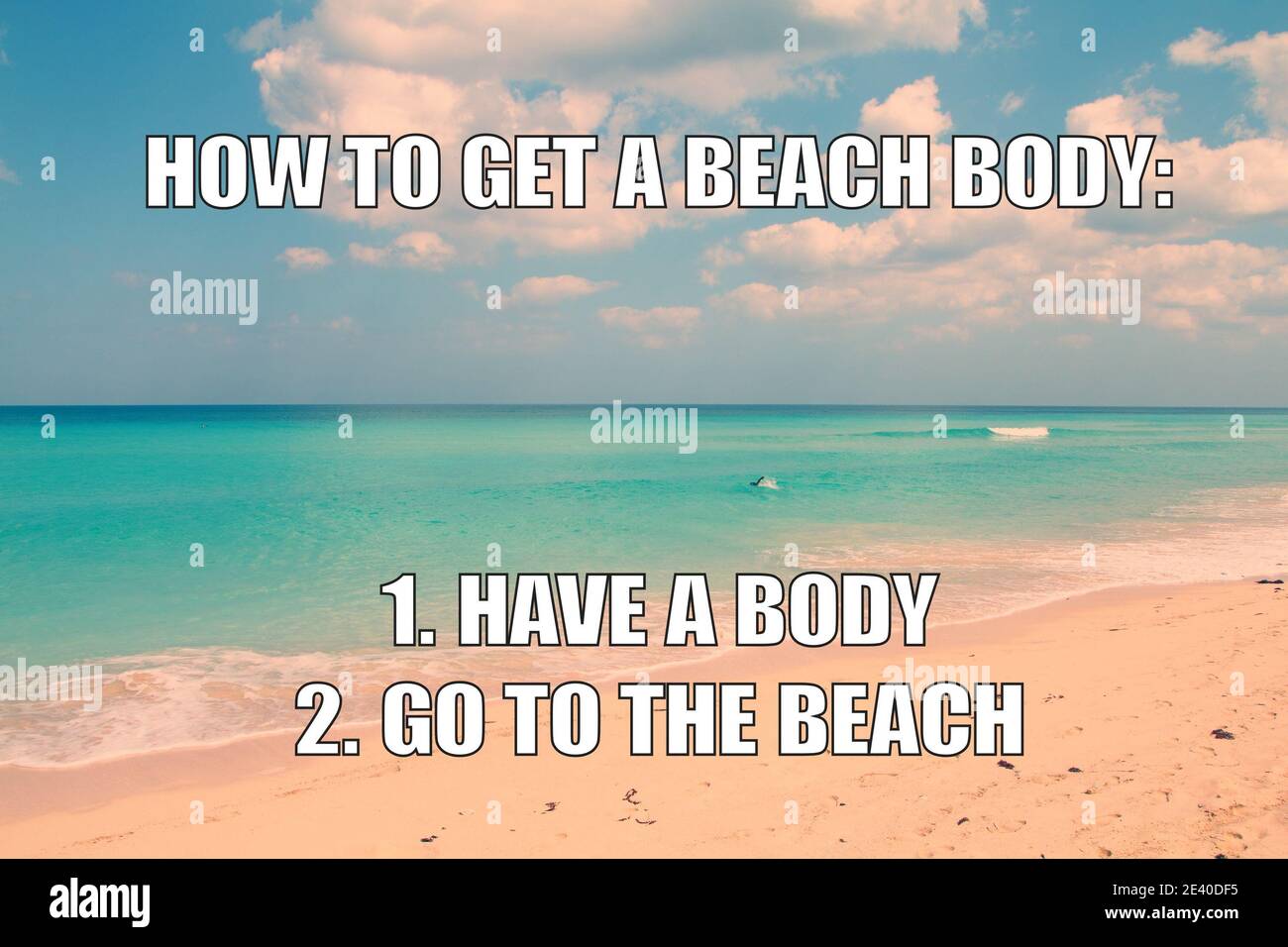 Corpo da spiaggia divertente meme per la condivisione dei social media. Memorandum di vacanza. Foto Stock